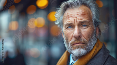 Handsome mature man with gray hair and beard wearing a business suit and scarf. Portrait of a Caucasian man, a successful businessman, standing on the street and looking at the camera.
