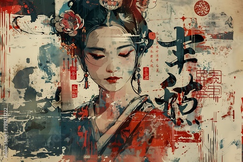 ??? means grace, favor, this artwork mix with Chinese character and illustration in artistic mood. .