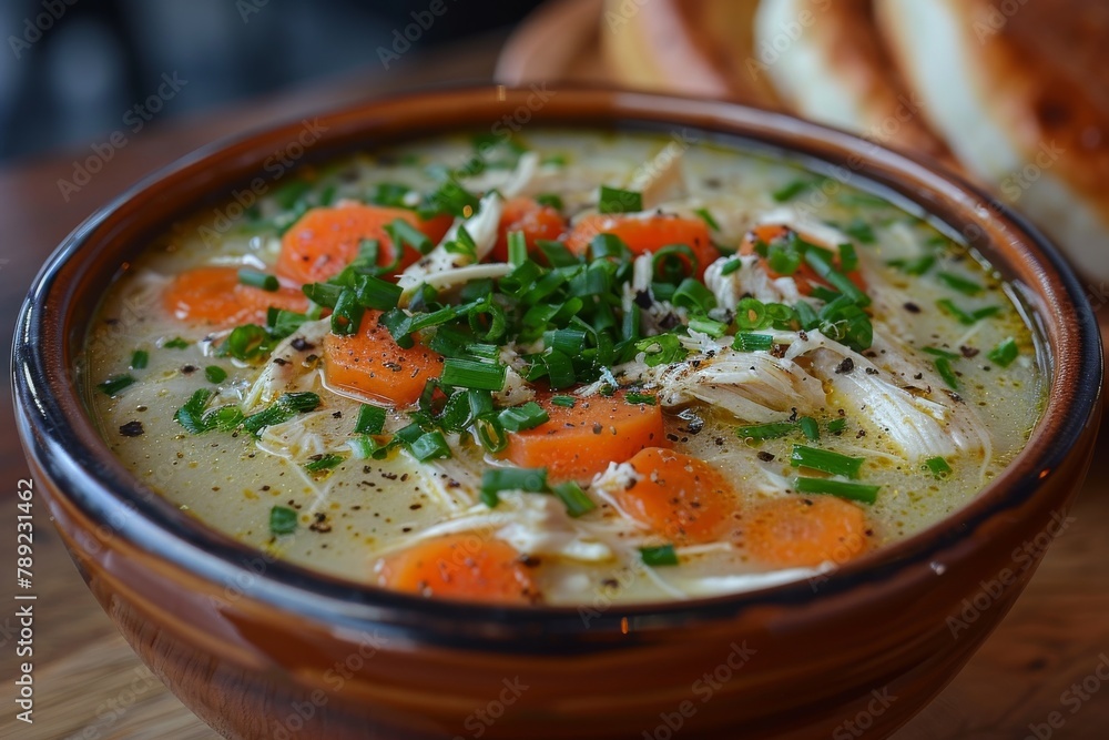 Close-up image of a bowl of chicken soup with carrots and greens, perfect for winter recipes