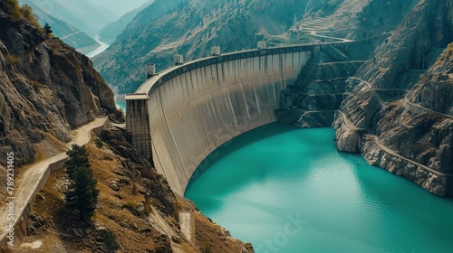 A large concrete dam holding back a bright blue lake in the mountains.