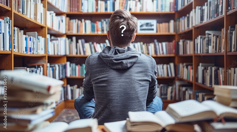 A young man in the library is looking for the answer to his question in books. Solving a complex problem. A young man in the library is looking for the answer to his question in books. Solving a complex problem.
