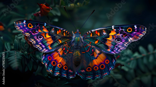 A butterfly with dynamic. multihued patterns on its wings is displayed against a dark green setting. The shades incorporate bright orange and purple spots along the wings edge