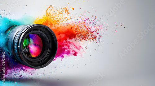 A camera lens capturing a burst of vivid colors. representing creativity and vision. The light grey background intensifies the bright colors of its capture