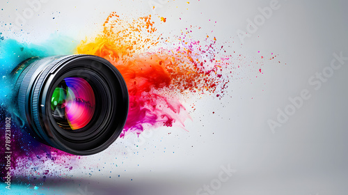 A camera lens capturing a burst of vivid colors. representing creativity and vision. The light grey background intensifies the bright colors of its capture photo