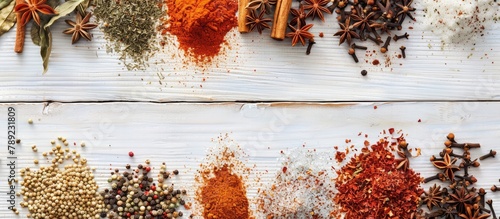 Different spices displayed on a white wooden surface from above, with space for text.