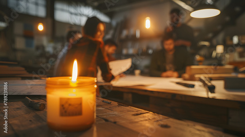 A candle flickering vibrantly in the front. encompassed by team members gathered around a workshop bench with blueprints and tools on it photo