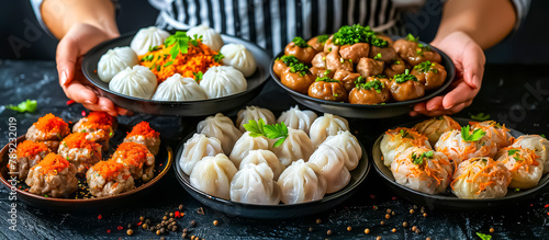hands of cook serving a Dim Sum. Dim Sum is a popular Chinese meal consisting of a variety of bite-sized dishes such as dumplings, steamed buns, spring rolls, and small plates of savory snacks