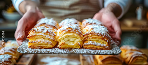 hands of cook serving a Sfogliatelle. Sfogliatelle is an Italian pastry originating from Naples, made of thin layers of crisp dough filled with a sweet ricotta cheese filling  photo