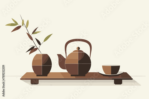 Modern tea set illustration with bamboo and leaves
