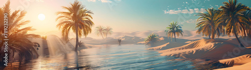 digital artwork showcasing a peaceful desert oasis with palm trees, clear water, and distant mountains under a clear sky, wide banner.