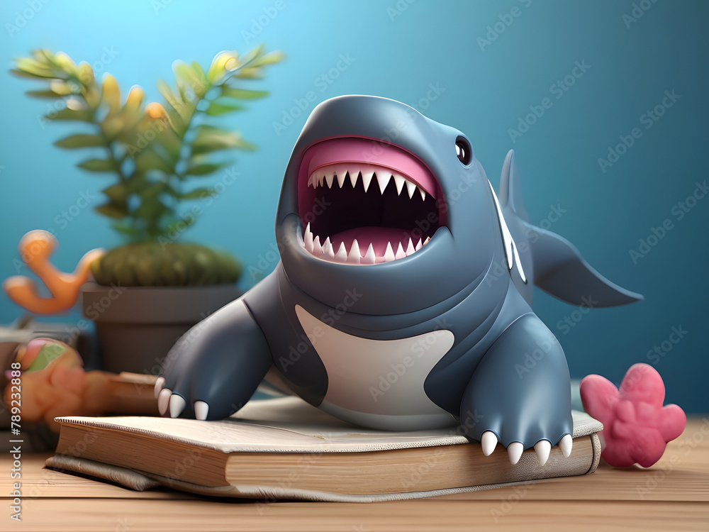 Fototapeta premium shark cartoon isolated on white , 3d white shark shark cartoon isolated on white background , shark and their teeth , shark with a smile , ,shark in the water