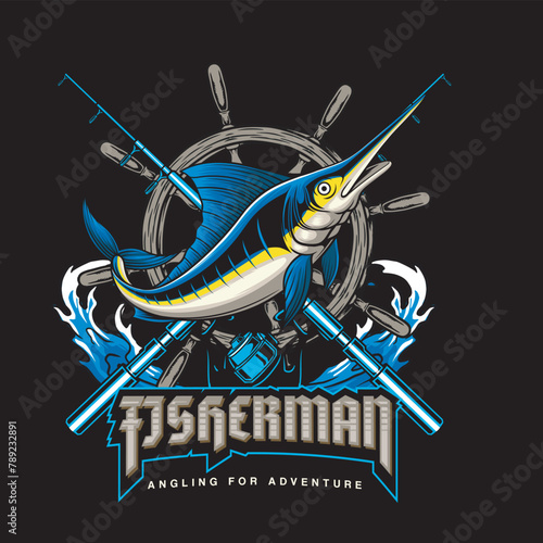 Vector Illustration of Marlin Fish, Fishing Rods and Ship Steering with Vintage Illustration Available for Fishing Badge