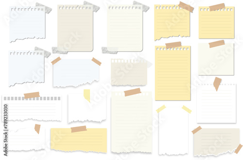 Paper notes, notebook pages, stickers. Vector torn paper sheets with transparent adhesive tape and paper clip on transparent background