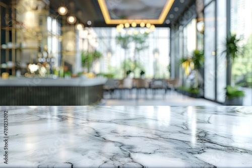 Empty white marble stone table top and blur glass window interior cafe and restaurant banner mock up abstract background - can used for display or montage your products - generative ai