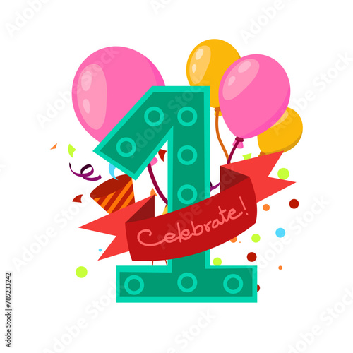 Green Number 1 Celebration with Red Ribbon Vector Illustration