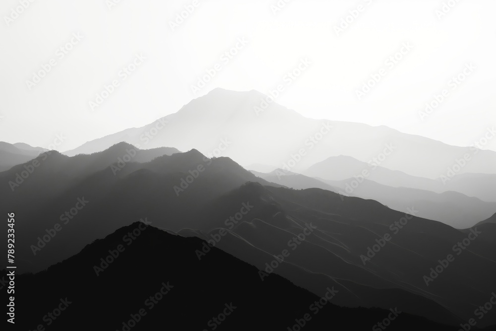 Obraz premium Tranquil black and white image highlighting the minimalist beauty of layered mountain silhouettes