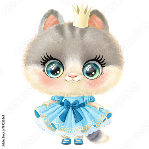 Cute cartoon grey kitten princess in a lush blue ball dress © Azuzl
