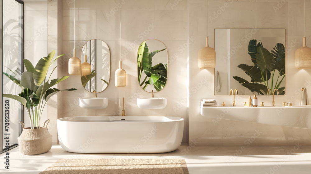 Bright minimal bathroom interior with white marble basin