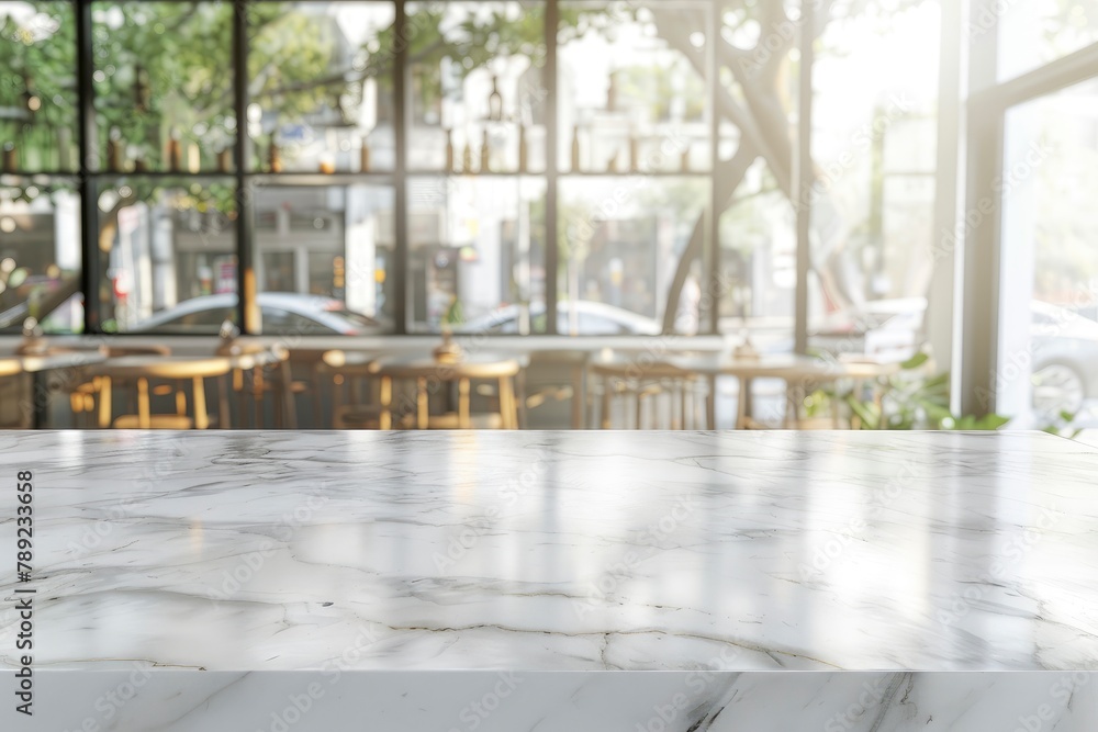 Empty white marble stone table top and blur glass window interior cafe and restaurant banner mock up abstract background - can used for display or montage your products - generative ai Empty white marble stone table top and blur glass window interior cafe and restaurant banner mock up abstract background - can used for display or montage your products - generative ai