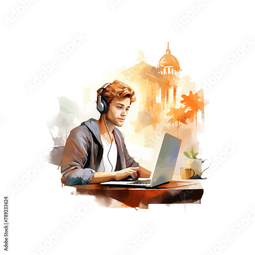 Casual Man with Headphones and Laptop watercolor style. Vector illustration design.