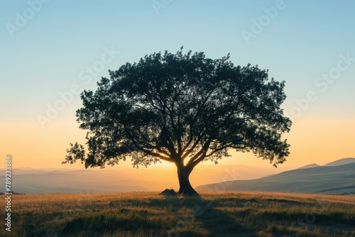Minimalist photo of a solitary tree silhouette against a warm sunset backdrop, symbolizing growth and tranquility