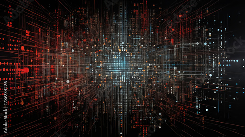 Abstract digital cityscape with exploding data points and lines. Concept of urban technology growth, network infrastructure, and digital transformation. Design for tech-themed backdrop, smart cit