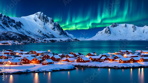 In the style of a Nordic Arctic town, with colorful rooftops, icebergs and beautiful auroras in the distance, and the crystal clear lake surface as a beautiful reflection