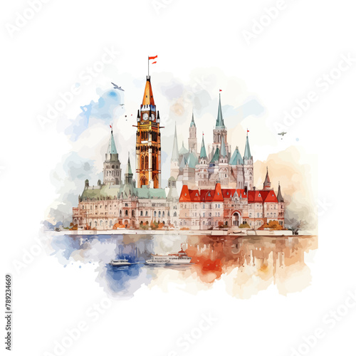 Ottawa Parliament Watercolor Reflection Art. Vector illustration design. photo