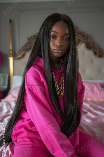 sad black teenage girl in a luxury teen girl bedroom. she wearing hot pink sweats with gold accessories. she has long straight hair. photo