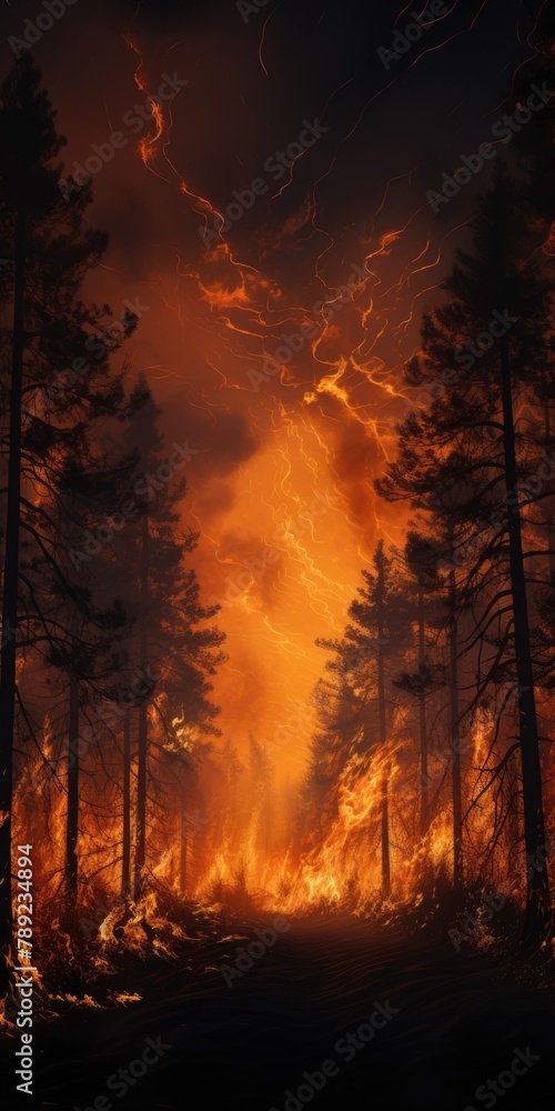Forest fire with burning trees, the forest is burning due to the fault of people. Generative AI Forest fire with burning trees, the forest is burning due to the fault of people. Generative AI