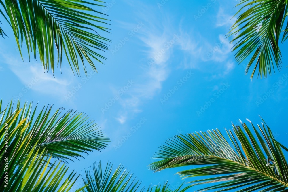 Many palm trees that are in the sky. Summer travel background 