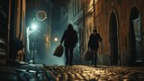 Two masked individuals running away with bags of stolen goods in a moonlit alley