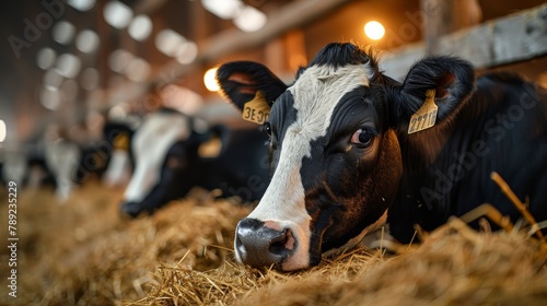 Close-up of a dairy cow in a well-lit barn  symbolizing modern agriculture and animal husbandry.