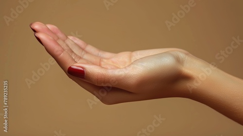 Close-up view of a woman's hand gracefully posed with glossy red nail polish, isolated against a smooth brown backdrop, illustrating minimalistic beauty and care.