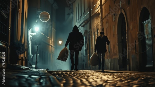 Two masked individuals running away with bags of stolen goods in a moonlit alley