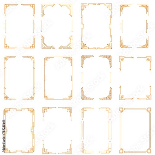 Golden geometric template in style of 1920s, artdeco corners for borders and frames. Vintage art deco corner set. Invitation, greeting swirl elements, baroque ink artwork. Vector illustration,