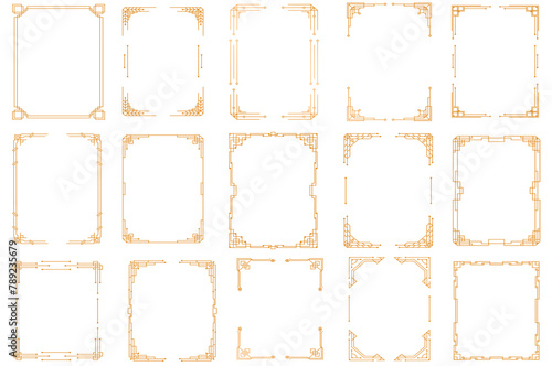 Golden geometric template in style of 1920s, artdeco corners for borders and frames. Vintage art deco corner set. Invitation, greeting swirl elements, baroque ink artwork. Vector illustration,