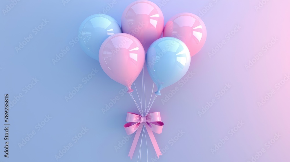 3D image of balloons tied with a bow on an isolated pink and blue gradient background.