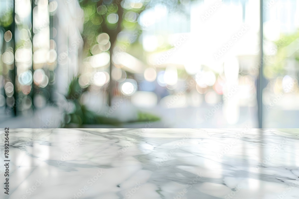 Empty white marble stone table top and blur glass window interior cafe and restaurant banner mock up abstract background - can used for display or montage your products - generative ai Empty white marble stone table top and blur glass window interior cafe and restaurant banner mock up abstract background - can used for display or montage your products - generative ai
