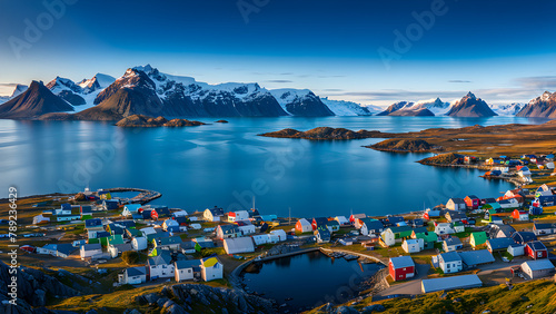 In the style of a Nordic Arctic town  with colorful rooftops  icebergs and beautiful auroras in the distance  and the crystal clear lake surface as a beautiful reflection