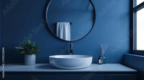 Close up of white sink with oval mirror hanging 