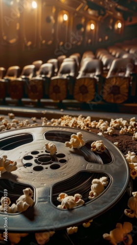 Popcorn and a movie reel sit on a carpet in front of a theater. Vertical background