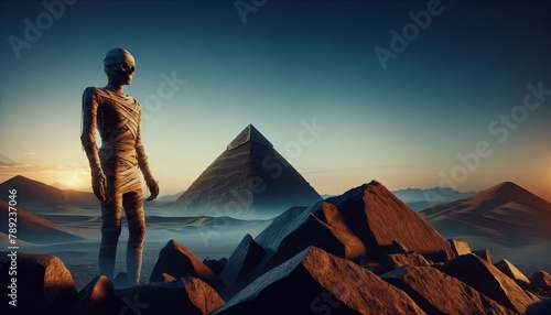 A mummy stands on a rock in front of a large pyramid.