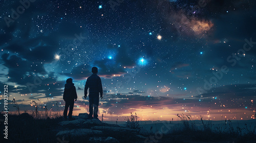 A father and child stargazing on a clear night, pointing out constellations to each other.