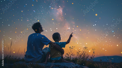 A father and child stargazing on a clear night, pointing out constellations to each other.