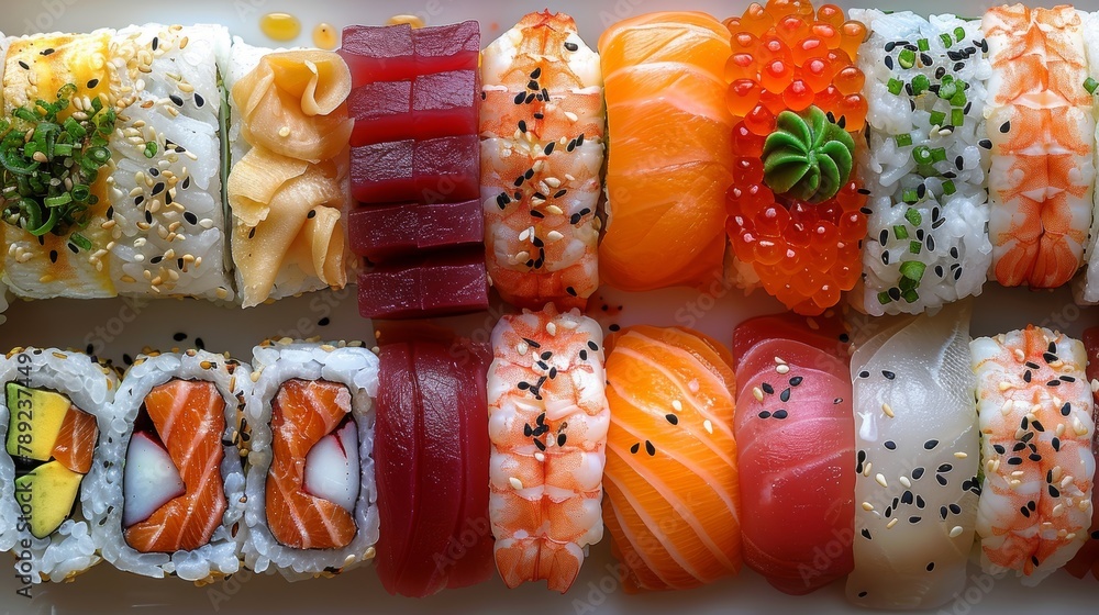 Overhead view of various Japanese sushi selections including nigiri, maki rolls, and sashimi, beautifully presented on a rectangular plate.