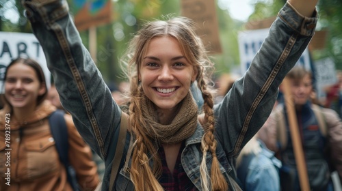 Joyful young woman with braided hair raises her arms during a global climate strike, surrounded by fellow protesters carrying signs and posters.