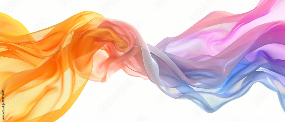 Colorful fabric flying in the wind on white background