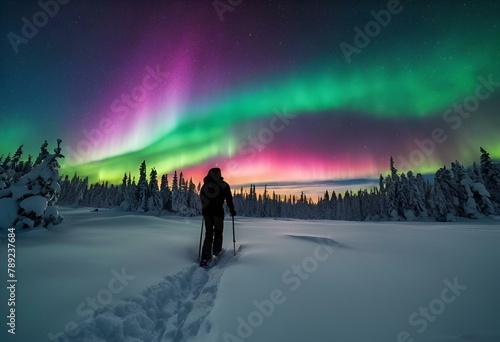 AI-generated illustration of a person in a snowy meadow with aurora borealis illuminating the woods