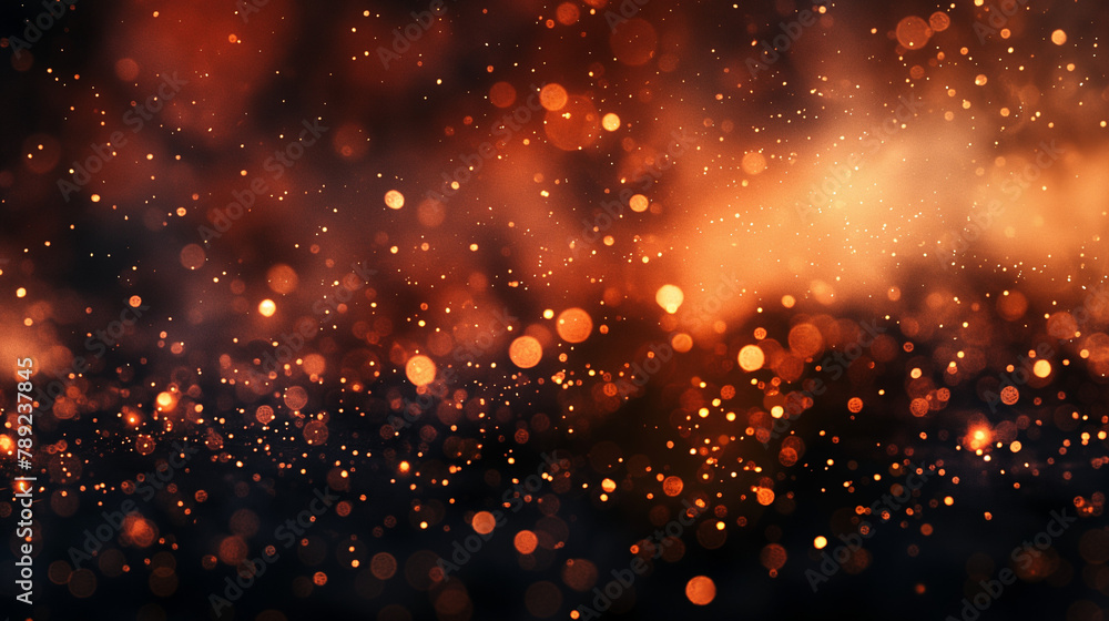 This is an image of orange glitter particles floating in the air against a black background.

